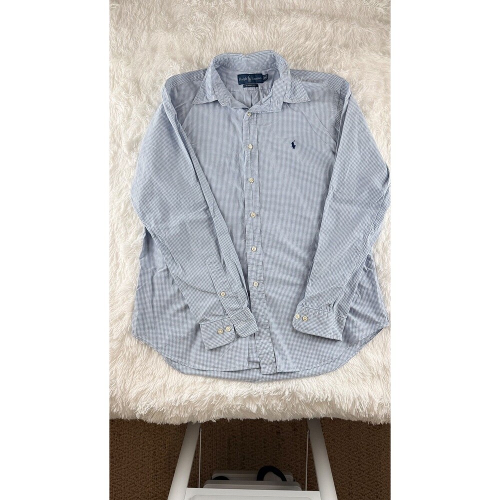 Ralph Lauren Classic Fit Button Down Shirt Mens 16 34/35 Blue White Gingham Pony